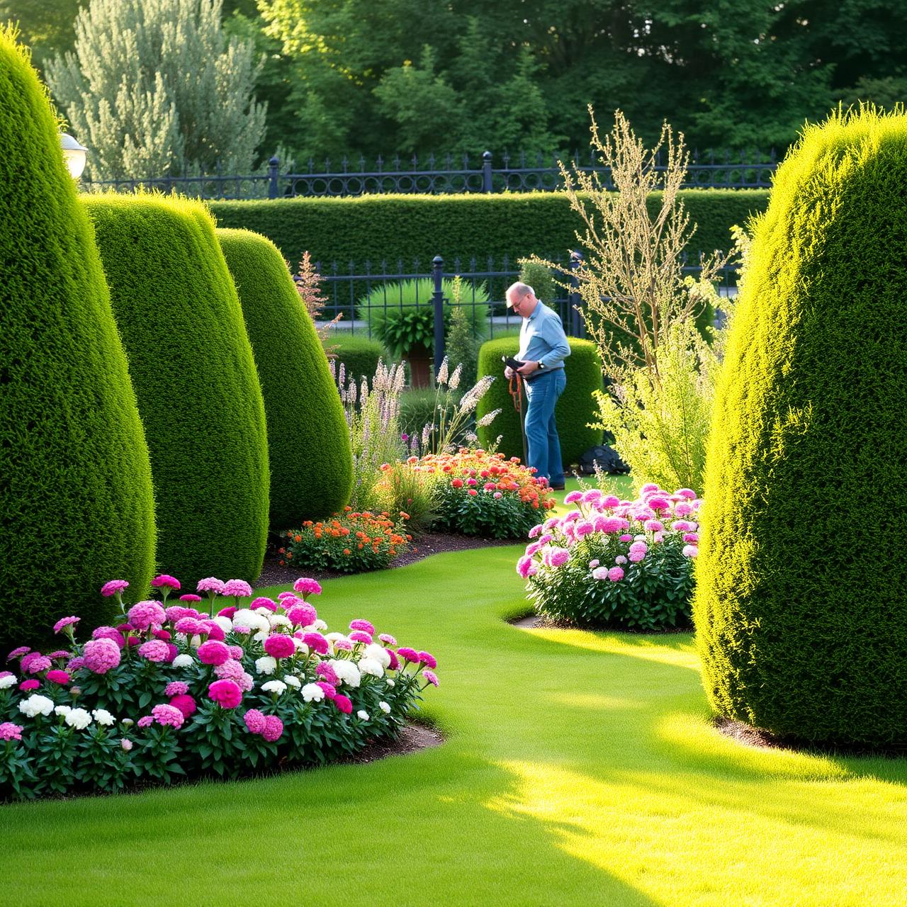 Gepflegter Garten mit Hecken und Blumen